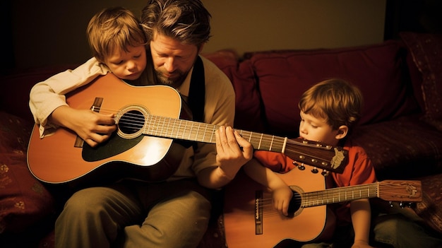 A dad playing guitar for his children