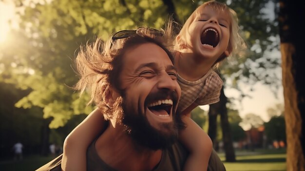 Photo dad plays with laughing girl happy throws up