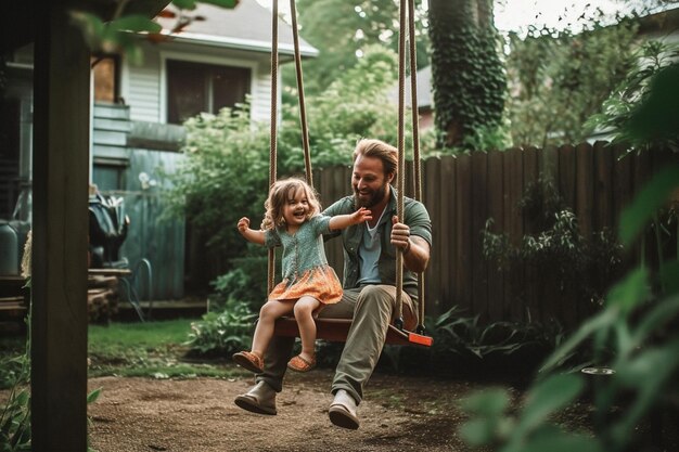 A dad pushing his child on a swing in the backyard