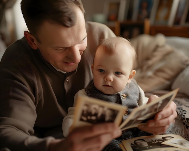 Dad showing baby old family photos mom narrating stories