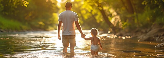 Dad and small daughter wading through the river