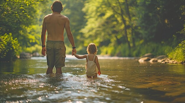 Dad and small daughter wading through the river