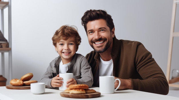 Dad and son are having breakfast