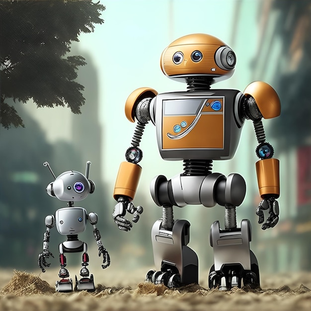 Dad and son robots walking together