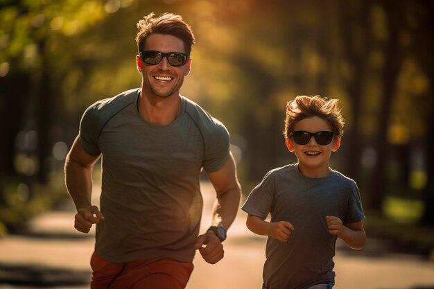 父と息子が公園を走る