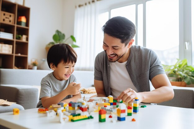 Dad and son smiling while playing small bricks at home