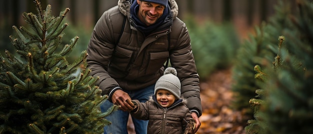 真新しいクリスマスツリーを運ぶ父と息子