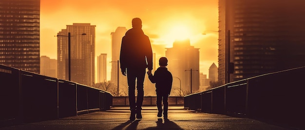 Dad and son walking at sunset back view Generative AI