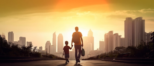 Dad and son walking at sunset back view Generative AI