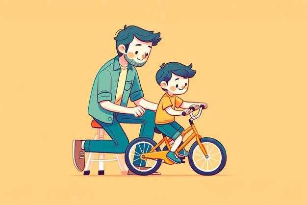 Dad Supporting Son During His First Bike Ride