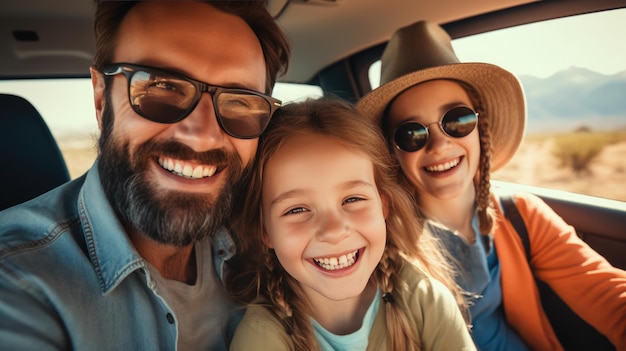 Dad and two kids riding in the car laughing and smiling broadly as they travel Created with Generative AI technology