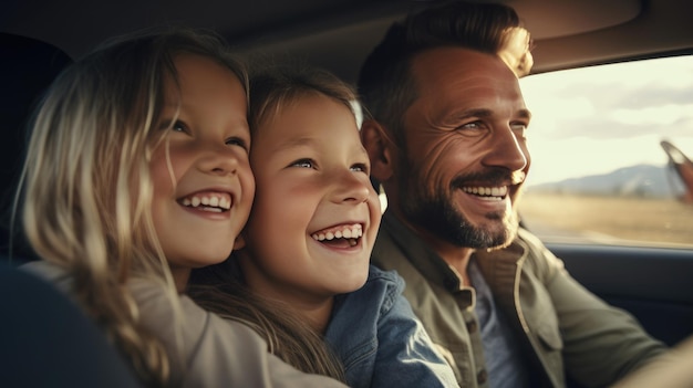 Dad and two kids riding in the car laughing and smiling broadly as they travel Created with Generative AI technology