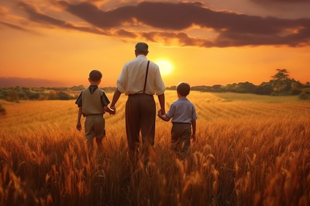 Dad walks his sons in field in the sun