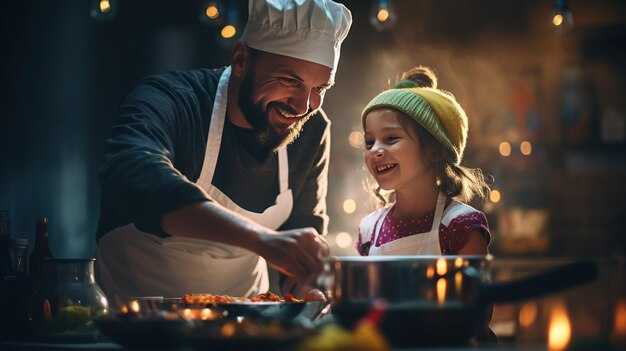 Foto papà con una bambina di 10 anni che cucinano insieme la colazione