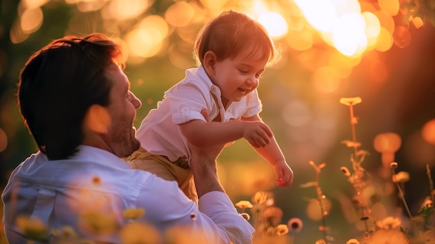 Папа со своим маленьким сыном играет и держит в зеленом саду фотографию празднования Дня отца
