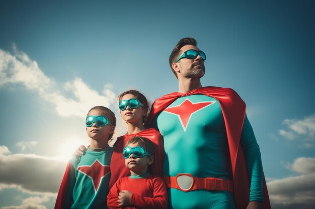 Foto padre con figli e figlia in costume di supereroe