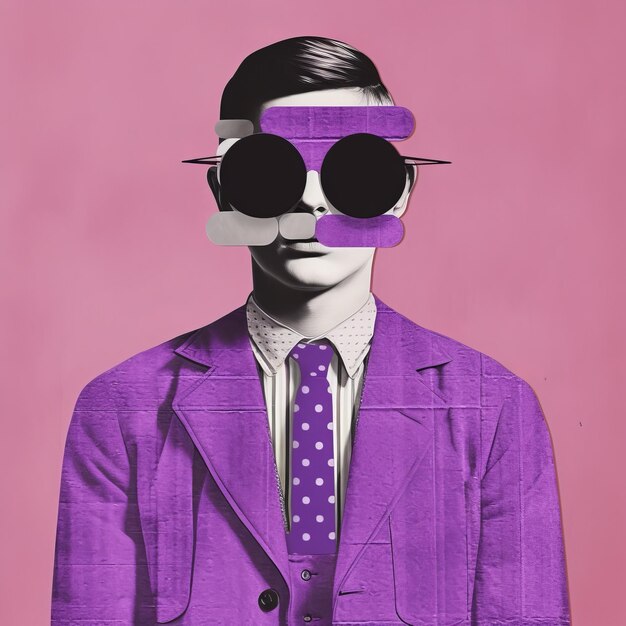 Photo dadainspired graphic design surrealist illustration of a boy in a purple suit