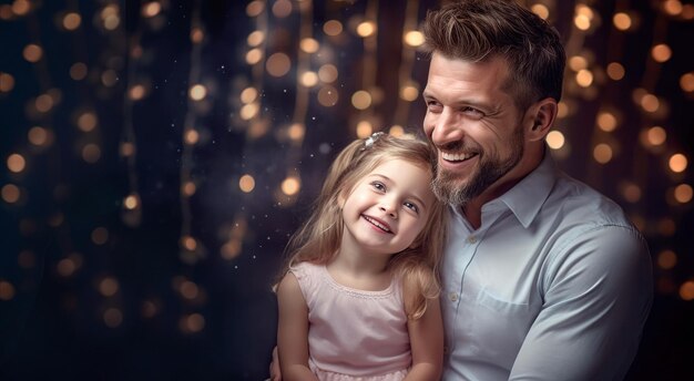 Papà e la sua bambina ridono insieme in una bella scena per lo sfondo del banner del giorno del padre con luci bokeh e copia spazio