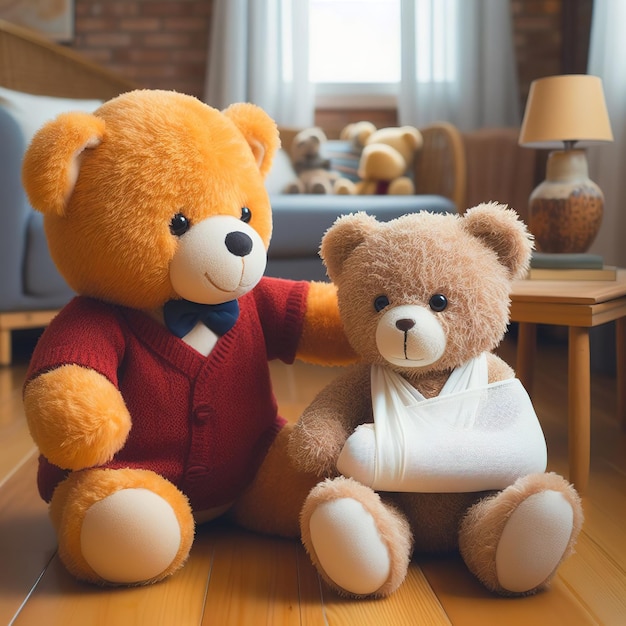 Папочка плюшевый медведь утешает сына с перевязанной рукой дома