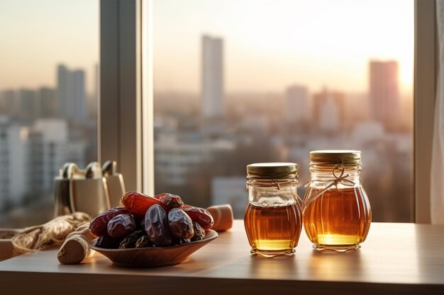 dadelkom en honingpotten op de houten tafel en het ochtendzicht op de stad op de achtergrond