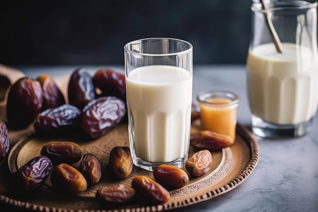 dadelpalm met een glas melk in keukentafel professionele reclame food fotografie