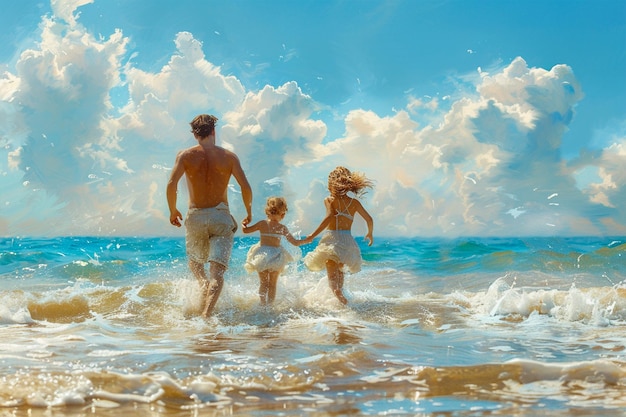 Dady run along the beach with their children on summer vacation