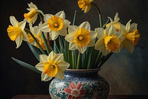 Daffodil bouquet arranged in an antique vase a timeless symbol of springtime beauty