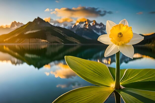 A daffodil flower is seen in a gardenrealistic