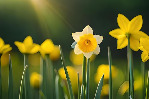 A daffodil flower is seen in a gardenrealistic