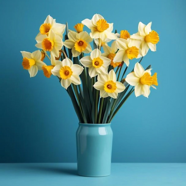 Daffodil flowers on blue background Concept of St Davids Day World Daffodil Day
