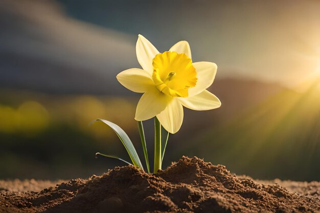 Photo daffodil in the sand with the sun behind it