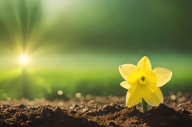 Daffodil in the soil with a blurred background