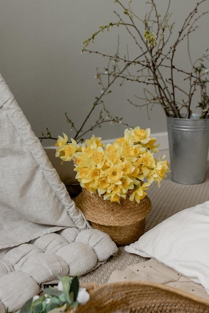 Daffodils in a basket Spring children's photo zone Children's interior