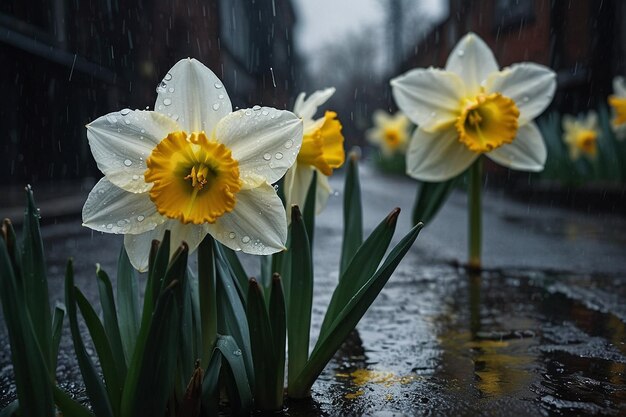 Photo daffodils captured in a reflection on a rainsoaked str