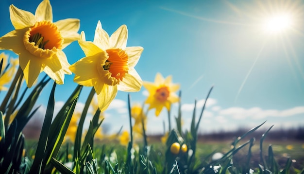 Daffodils in a field with the sun shining on them