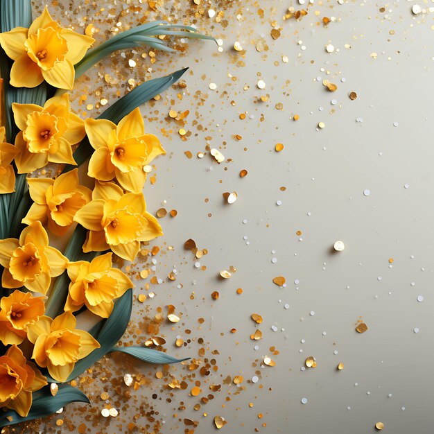 Daffodils frame scattered sequins yellow background leave sp scene art decor beauty aesthetics