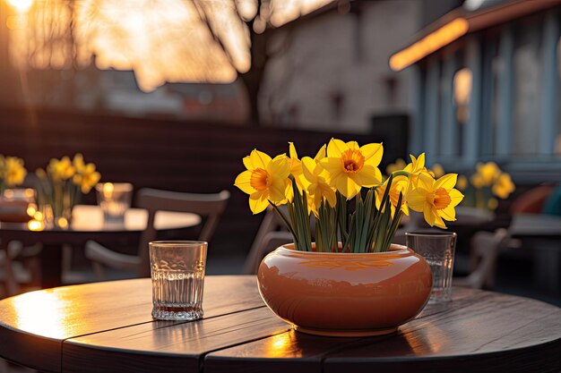 Daffodils in a pot on a street cafe table at sunset illuminated by evening sunlight