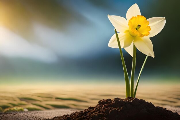 Photo daffodils in the sand with a blurred background.