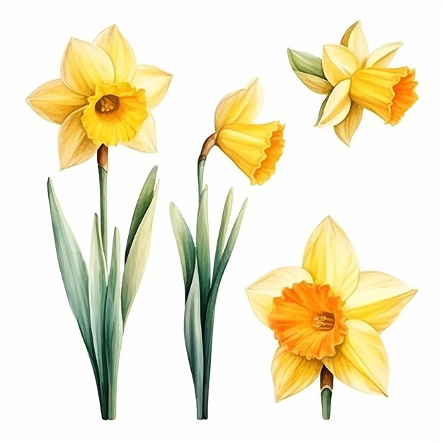 Photo daffodils set watercolor illustration on white background