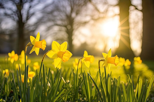 Photo daffodils in spring backlit by sun