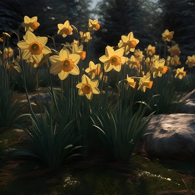 Daffodils in a spring garden 3D render