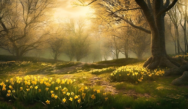 daffodils and trees on a spring day