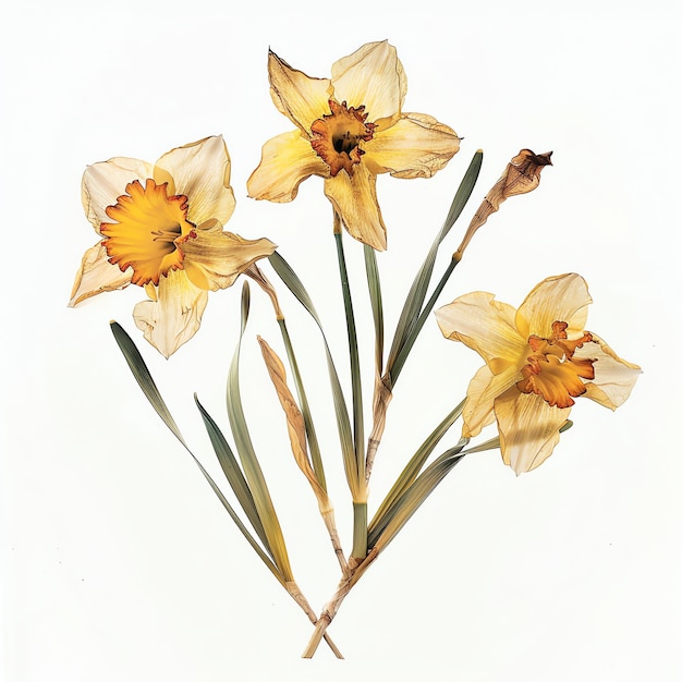 Daffodils wildflower pressed dried flowers in watercolor