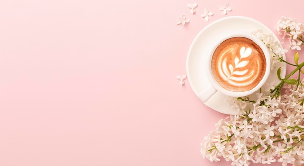 Dag achtergrond Roze bloemen geruite kopje koffie op roze achtergrond Valentijnsdag concept Flat lay