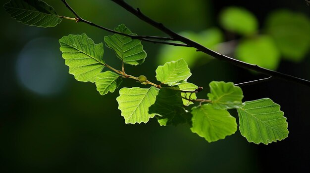 Dag van de Aarde en Wereldmilieudag Lente Tropische boombladeren en tak met prachtige groene bosachtergrond genereren ai