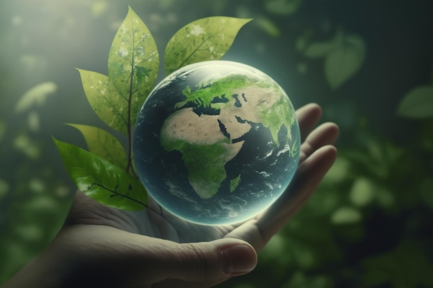 Dag van de aarde Glazen bol in de vorm van een planeet in hand milieuconcept generatieve Ai