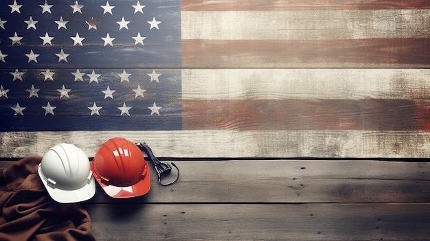 dag van de arbeid concept met amerikaanse vlag en gereedschap voor industriële arbeiders over verontruste witte houten planken