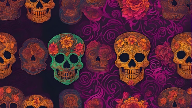Dag van de Dode achtergrond met suikerschedel en bloemen Vectorillustratie
