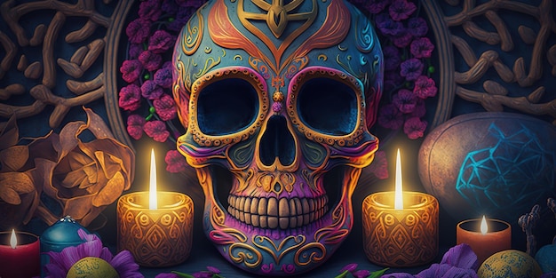 dag van de dode kleurrijke schedel altaar achtergrond dia de muertos