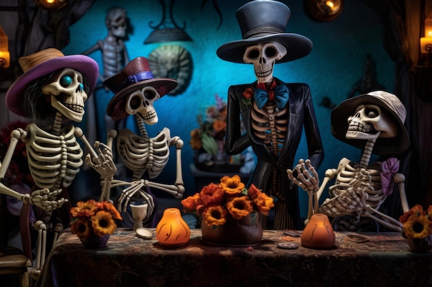 Dag van de dode scène familie van skeletten Mooie illustratie foto Generatieve AI